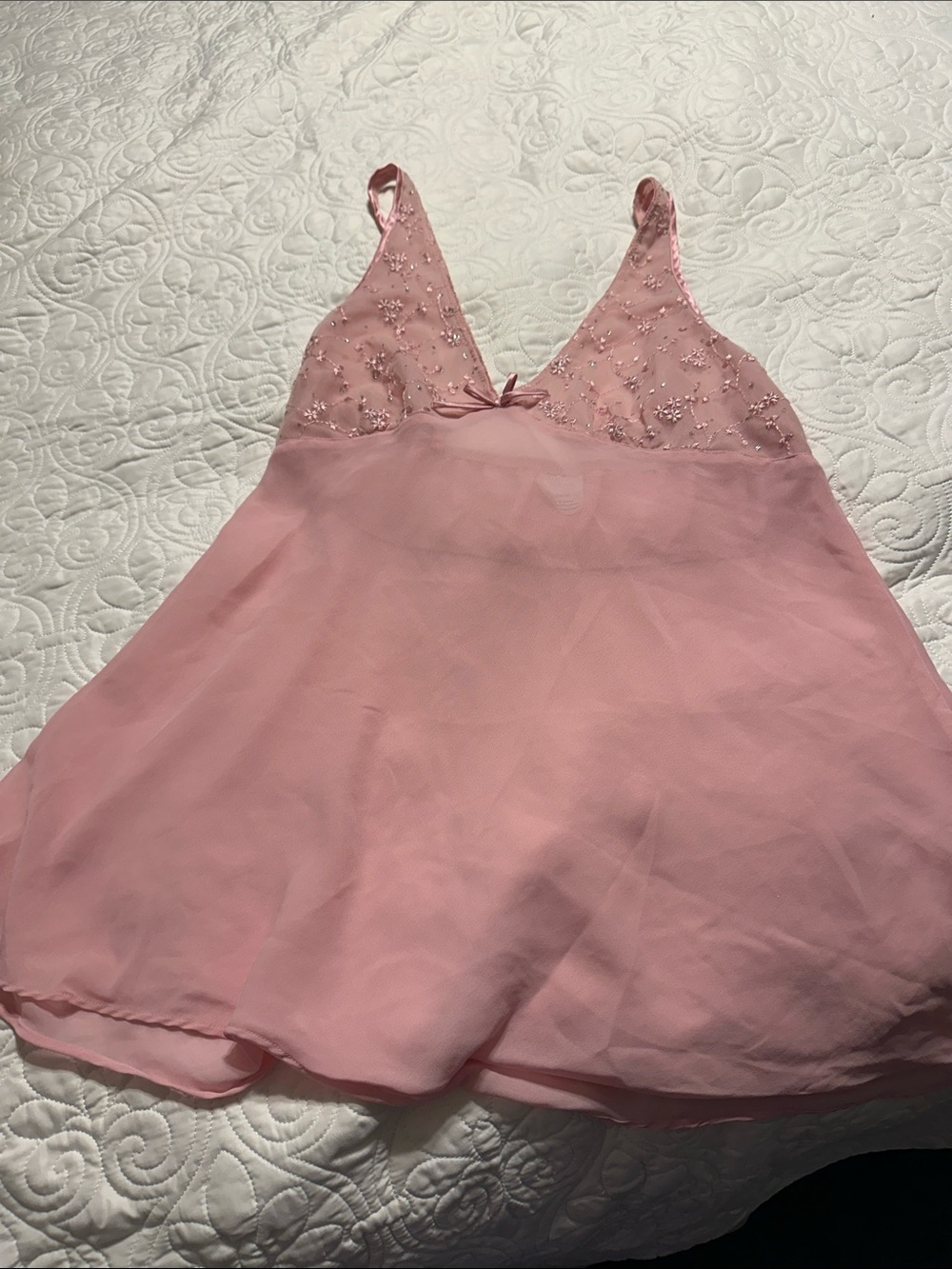 Lace-Trim Pink Sheer Chemise Nightdress